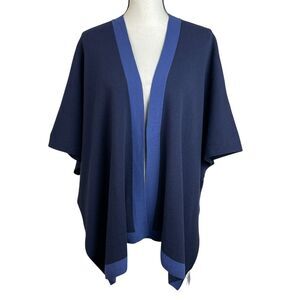 LOFT Women's Open‑Front Poncho Cardigan M/L Navy Blue Contrast Trim Layering